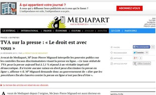 Capture d'écran du site Mediapart avec un édito pour la baisse de la TVA appliquée à la presse en ligne