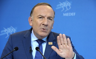 French employers' association Medef's head Pierre Gattaz talks during his monthly press conference on October 14, 2014 at the Medef headquarters in Paris. AFP PHOTO / ERIC PIERMONT