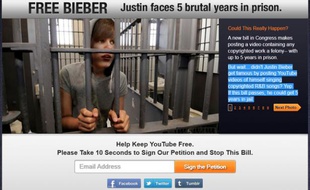 Capture d'écran du site «Free Bieber» qui s'oppose à un projet de loi américain visant à renforcer la défense des droits d'auteur sur Internet.