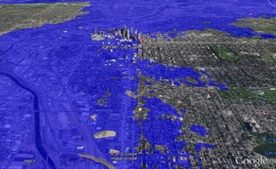 Denver après une montée des eaux de 1600 m, selon le logiciel Google Earth, le 24 octobre 2013.