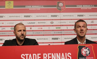 Florian Maurice, directeur sportif du Stade Rennais, et son président Nicolas Holveck, ici le 22 juin 2020 au Roazhon Park.
