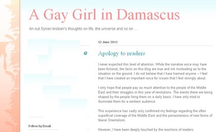Capture d'écran lundi 13 juin du blog A gay girl in Damascus (une fille lesbienne à Damas). Il avait été écrit par un homme vivant en Ecosse se faisant passer pour une militante syrienne opposante au régime et homosexuelle.