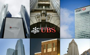 Combo des enseignes des différentes banques mises en cause dans le cadre des révélations dites des "Panama papers"