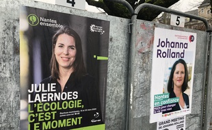 Des panneaux électoraux à Nantes: Julie Laernoes et Johanna Rolland