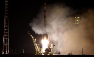Décollage du vaisseau spatial Soyouz, le 27 mars 2015 à Baïkonour (Kazakhstan)