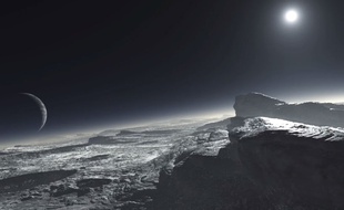 Vue d'artiste de la lune Charon vue depuis Pluton.
