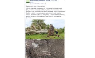 Capture écran du post Facebook de Sligo-Leitrim Archaeological Services, montrant l'arbre déraciné sous lequel le corps d'un homme tué à l'époque médiévale a été retrouvé.
