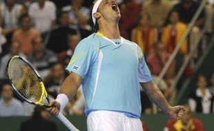 David Nalbandian of Argentina celebrates after defeating David Ferrer of Spain during his Davis Cup World Group tennis final in Mar del Plata, November 21, 2008. REUTERS/Fabian Luchessi (ARGENTINA)