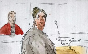 Croquis d'audience de la mère de Bastien, Charlène Cotte (d), et de son père Christophe Champenois (g) lors de leur procès devant les assises de Seine-et-Marne à Melun, le 8 septembre 2015