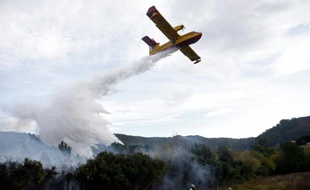 Un Canadair en action au-dessus d'un feu de forêt.