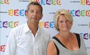 Michel Cymes et Marina Carrère d'Encausse lors de la conférence de rentrée de France Télévisions, le 28 août 2012.