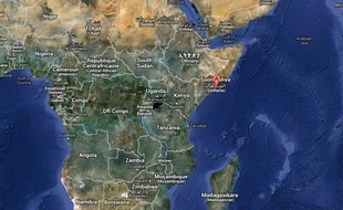 Capture d'écran d'une carte de l'Afrique. En rouge, Mogadiscio, la capitale somalienne.