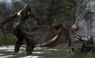Combat contre un serpent géant dans le MMORPG «The Elder Scrolls Online».