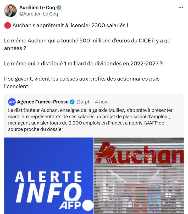 Aurélien Le Cop, député LFI du Nord, a rappelé que Auchan a bénéficié d'argent public alors que le groupe de distribution nordiste a annoncé un plan social d'ampleur. Le député indique à 20 Minutes avoir pris connaissance de ce montant d'un milliard de dividendes versés dans un article du journal L'Humanité, qui citait une source de la CGT.
