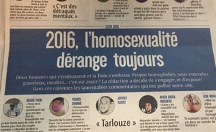Aperçu d'une page du quotidien «L'Union», daté du 23 novembre 2016 et compilant plusieurs commentaires homophobes déposés sur le site Internet du journal par des lecteurs.