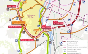 Cartographie du futur anneau des sciences, prolongeant le périphérique ouest de Lyon.