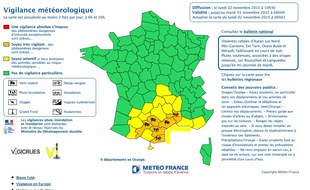 Carte de vigilance Météo France du 02 novembre 2015.