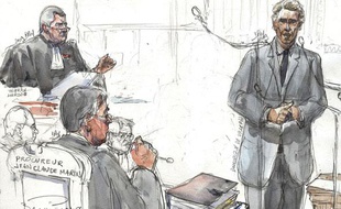 Un croquis de l'audience du procès Clearstream, avec de gauche à droite Thierry Herzog, avocat de Nicolas Sarkozy, Jean-Claude Marin, le procureur et Dominique de Villepin, prévenu le plus flamboyant.