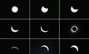 Montage montrant la lune passer devant le soleil pendant une éclipse totale vue à Ternate dans les îles Maluku en Indonésie le 9 mars 2016