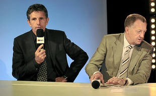 Claude Puel et Jean-Michel Aulas, en 2008, sur le plateau d'OLTV.