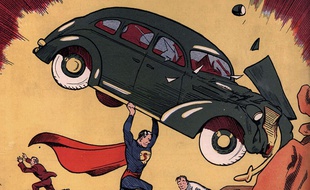 Extrait de la couverture du premier comic book de Superman;