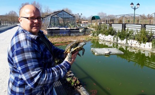 Jérôme Maran, président de l'Association du refuge des tortues de Bessières, avec une pensionnaire des lieux.