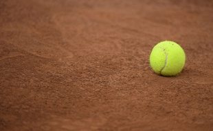 Balle de tennis photographiée pendant la coupe Davis à Rouen (France) le 6 avril 2017.