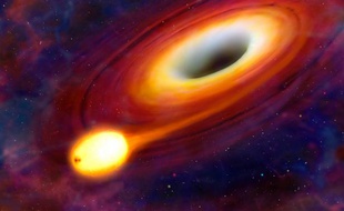 Vue d'artiste du phénomène SW 1644+57, lors duquel un trou noir a avalé une étoile, dans la constellation du Dragon, à 3,8 milliards d'années-lumières.