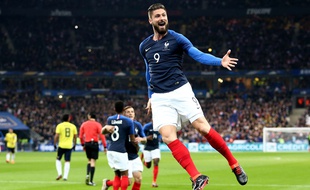 Olivier Giroud après son but lors de France-Colombie (2-3) en amical, le 23 mars 2018.