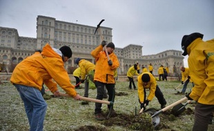 Cinquante militants de l'organisation écologiste Greenpeace ont creusé lundi des trous sur la pelouse du Parlement roumain pour protester contre un projet de loi favorisant les compagnies minières, avant d'être interpellés par des gendarmes.