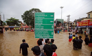 A Pandalam, le 17 août 2018 dans le Kerala où les pluies torrentielles depuis le 8 août ont fait 357 morts dans cette région touristique de l'Inde.