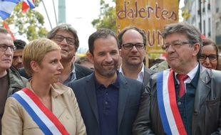 Clémentine Autain, députée France insoumise venue du Parti communiste, Benoit Hamon, de Générations, et Jean-Luc Mélenchon.