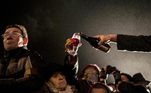 Des visiteurs célèbrent le "Beaujolais nouveau" à Beaujeu, dans le Rhône, le 19 novembre 2014