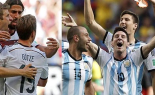 Des joueurs allemands et argentins après leurs deux victoires en demi-finales du Mondial 2014.