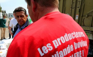 Le président de la FNSEA Xavier Beulin (g) aux côtés d'agriculteurs bloquant l'entrée d'un abattoir à Vitry-le-François, dans la Marne, le 16 juin 2015