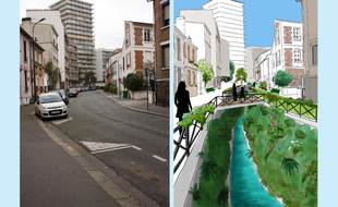 La rue Brillat-Savarin aujourd'hui et dans le cadre du projet des Verts de découvrir la Bièvre (évidemment il fait beau).