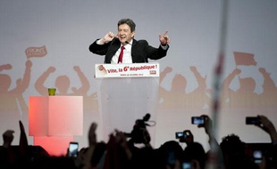 Le 19 avril 2012. Jean-Luc Melenchon, du parti Front de gauche, donne son dernier meeting au parc des expositions de la porte de Versailles avant le premier tour de l'election presidentielle 2012.