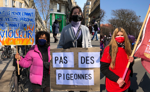 Sophe, Victoire, Mathilde, à la manifestation du 8 mars 2021 pour les droits des femmes, à Paris.