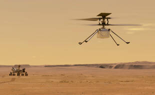 Illustration faite par la Nasa de l'hélicoptère Ingenuity avec en arrière plan le rover Perseverance.