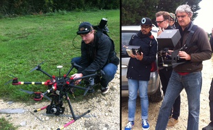 Pascal Anquetil pilote le drone et Lilian Marolleau commande la caméra.
Benito Bautista, le réalisateur, regarde le moniteur video pour vérifier la scène