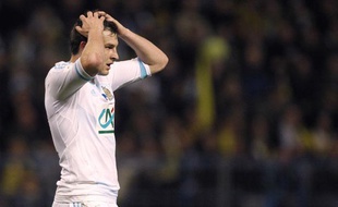 André-Pierre Gignac ne masque pas sa déception lors de la défaite de l'OM contre Quevilly en Coupe de Francele 20 mars 2012.