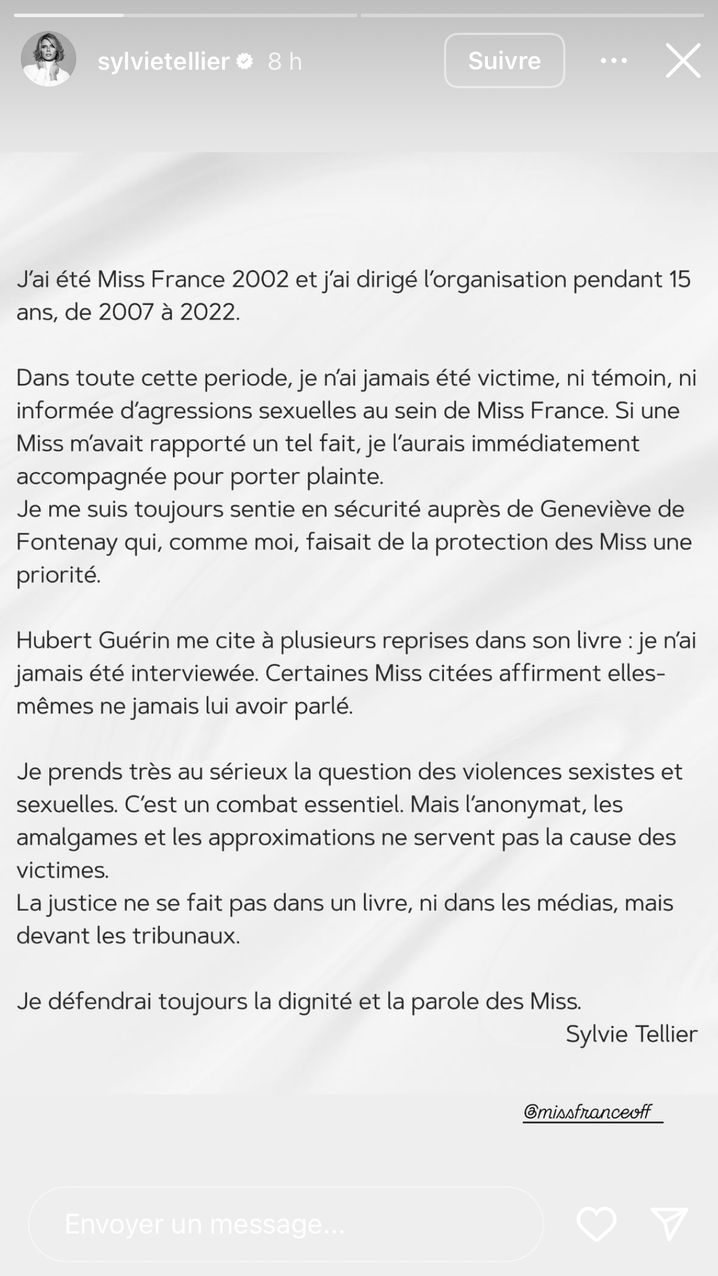Publication de Sylvie Tellier sur Instagram, le 7 septembre 2025, en réponse aux accusations portées contre des dirigeants de Miss France d'agressions sexuelles.