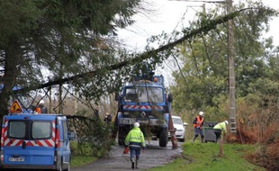 Des techniciens d'ERDF réparent des lignes endommagées par des orages le 24 décembre 2013 à Plouagat près de Guingamp