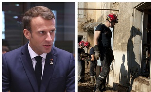 Collage SIPA/20 Minutes/Fotor du président Emmanuel Macron et d'un sauveteur dans l'Aude après les terribles inondations, le 15 octobre 2018