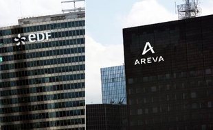Montage de deux photos d'archives des sièges sociaux d'EDF et du groupe nucléaire français Areva, à la Défense, près de Paris