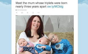 Capture d'écran Twitter d'une photo de Sarah Swann avec ses triplés publiée par Leicester Mercury.