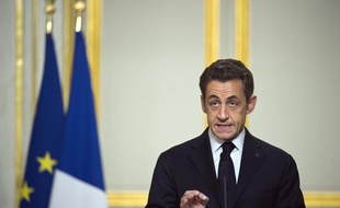 Nicolas Sarkozy lors de son discours sur la Libye le 19 mars 2011 à l'Elysée, à Paris.