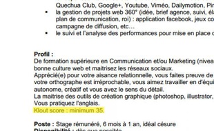 L'annonce de stage diffusée ce jeudi 16 août par Quechua.