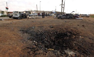 Les dégats causés par l'explosion d'une voiture piéger à l'académie militaire de Benghazi le 17 mars 2014