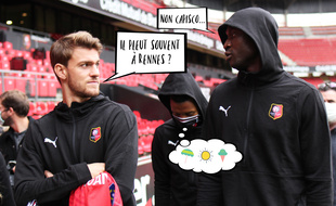 Les joueurs du Stade Rennais Daniel Rugani, Alfred Gomis et Dalbert (en arrière-plan) après leur présentation au Roazhon Park le 6 octobre 2020.